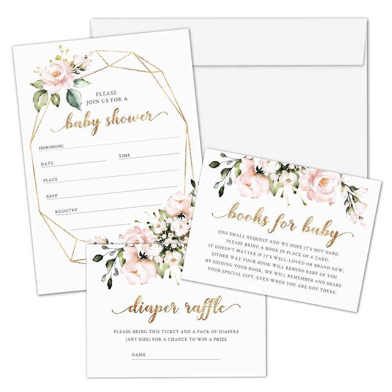 Hat Acrobat Set of 25 Boho Baby Shower Invitations for Girl - Floral Baby Girl Shower Invitations with Envelopes, Diaper Raffle Tickets, Book Request Cards - Elegant Baby Shower Invites for Girl - Image 1
